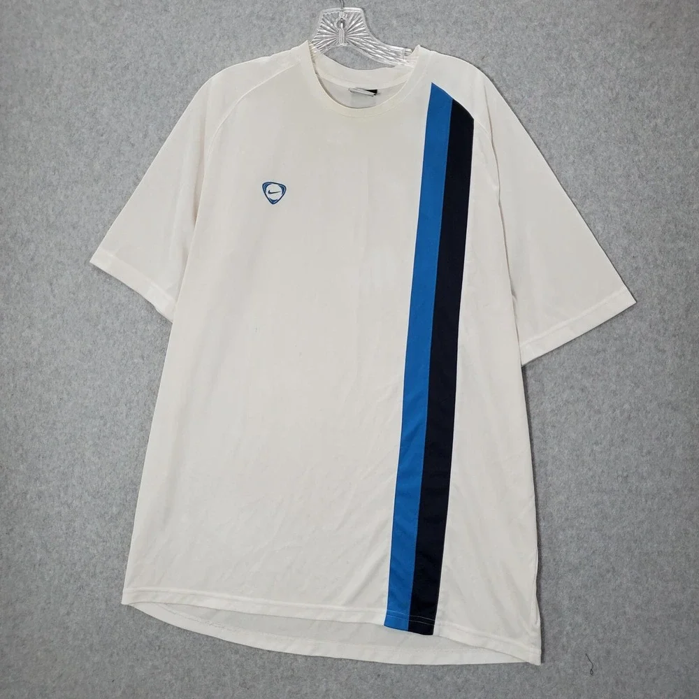 VINTAGE Nike Men Shirt XL White Logo Embroidered Stripped Short Sleeve Crew READ
